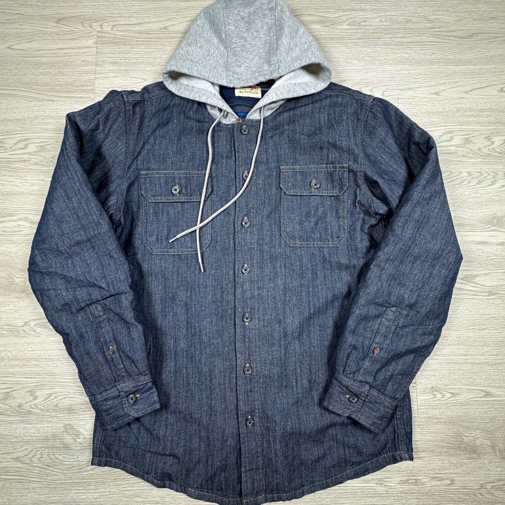 Wrangler Men's Denim Shirt Jacket‎ Authentics Hooded Flannel Lined Blue Medium